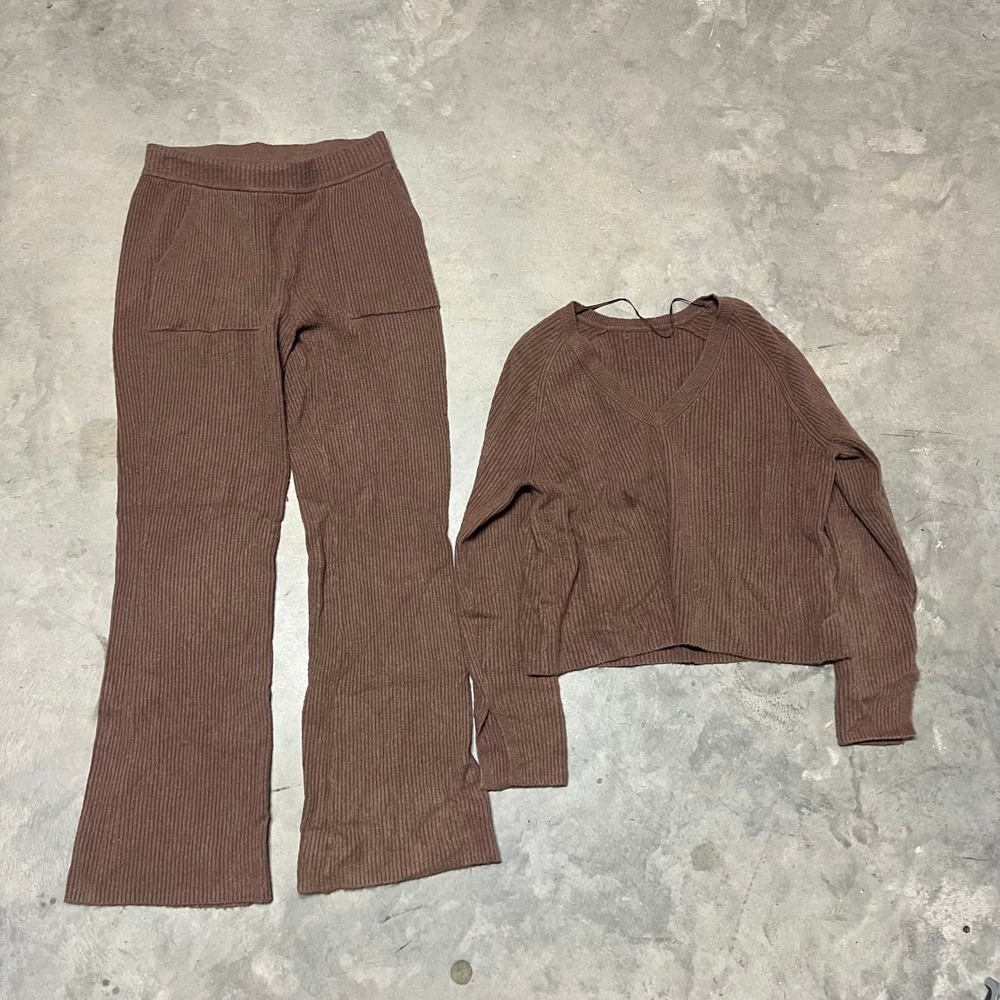 Athleta Brown Rib Knit Sweater & Wide Leg Pant Set Cashmere Blend S/XS 467904